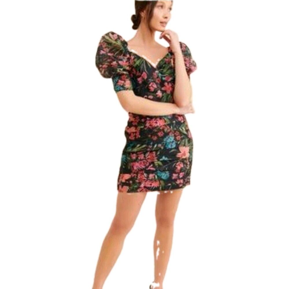 C/Meo Collective Dress Medium Multicolor Floral Ruched Puff Sleeve
